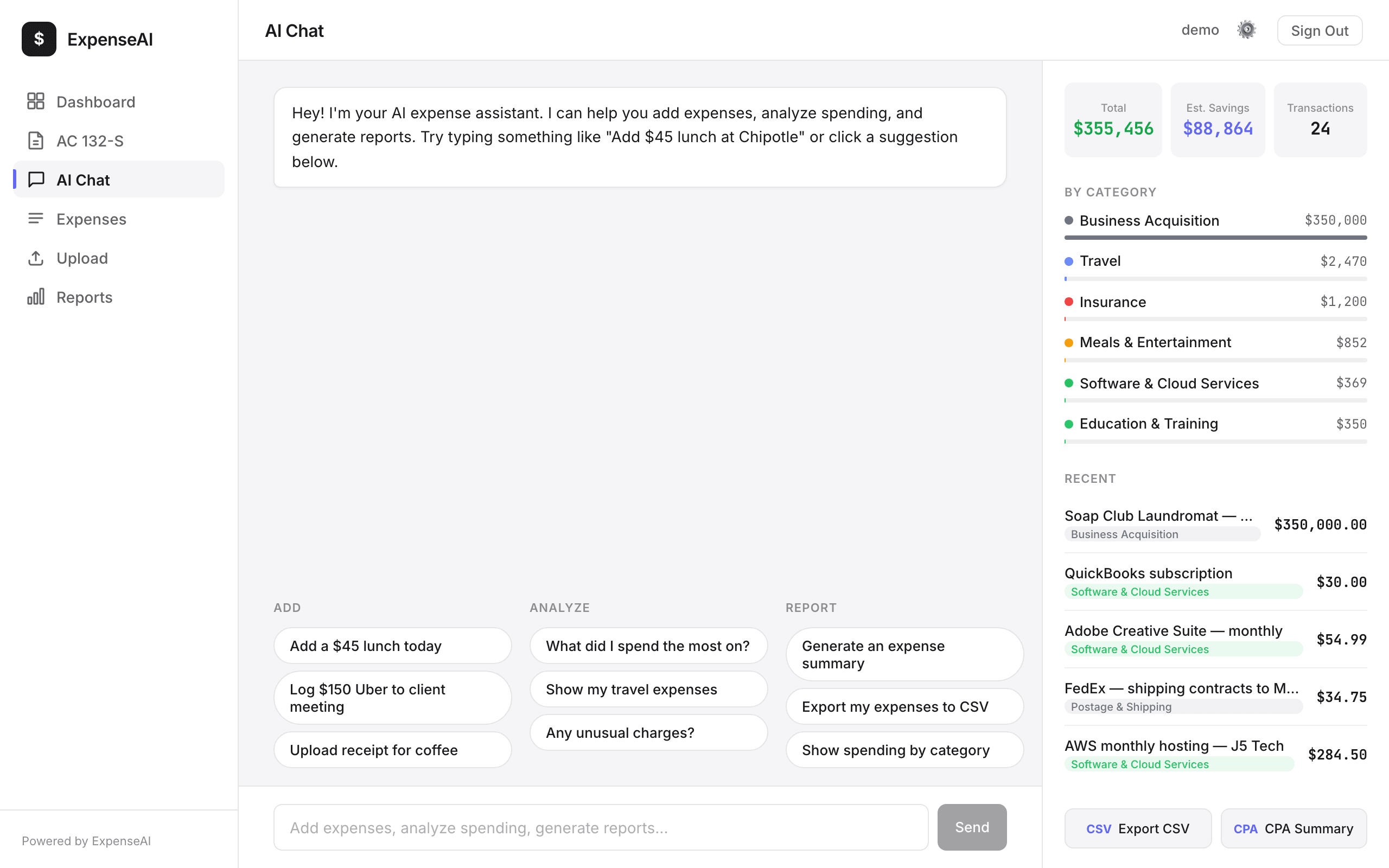 AI Chat interface for adding expenses by typing