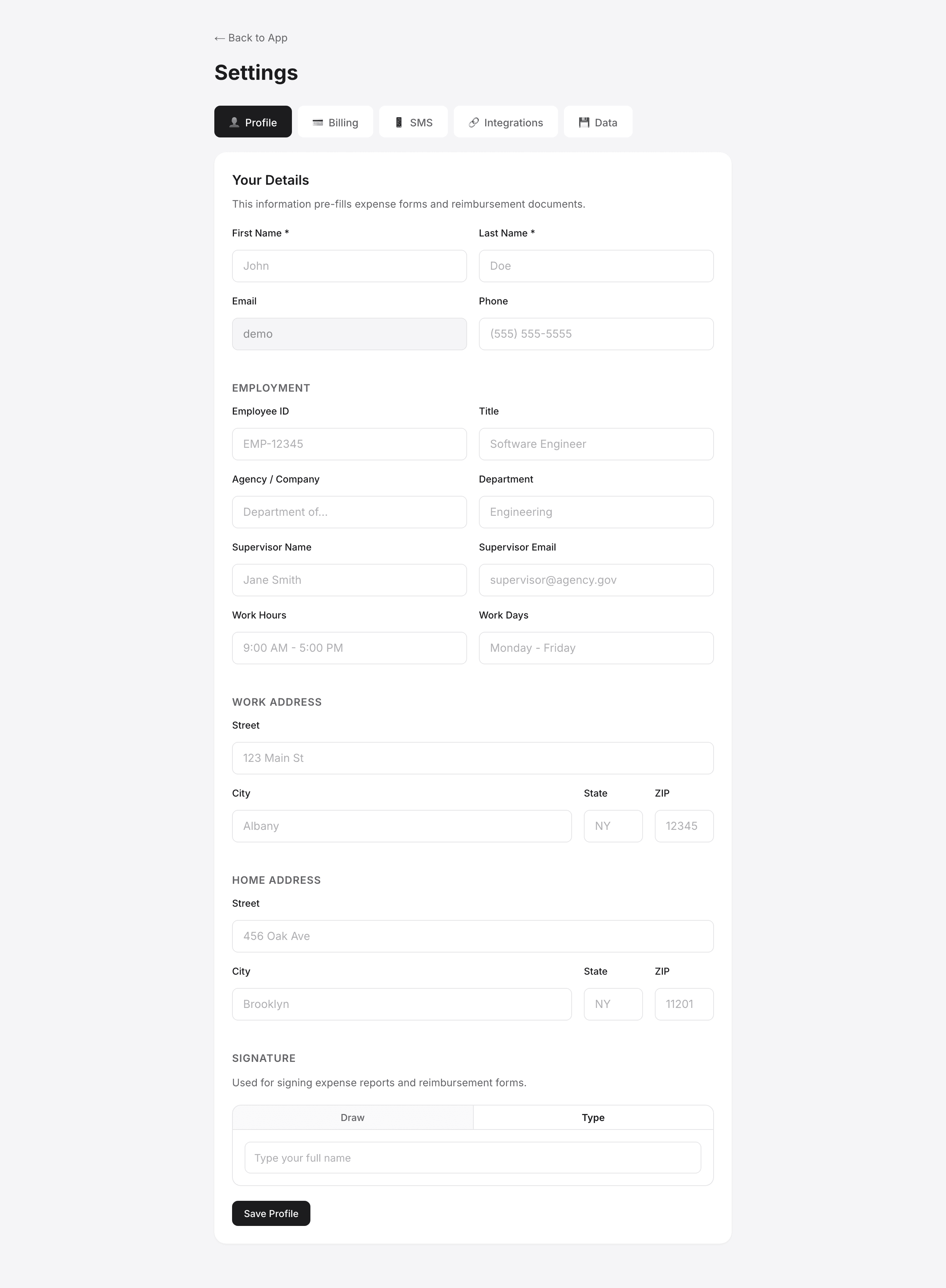Profile settings page with fields that auto-fill the AC 132-S