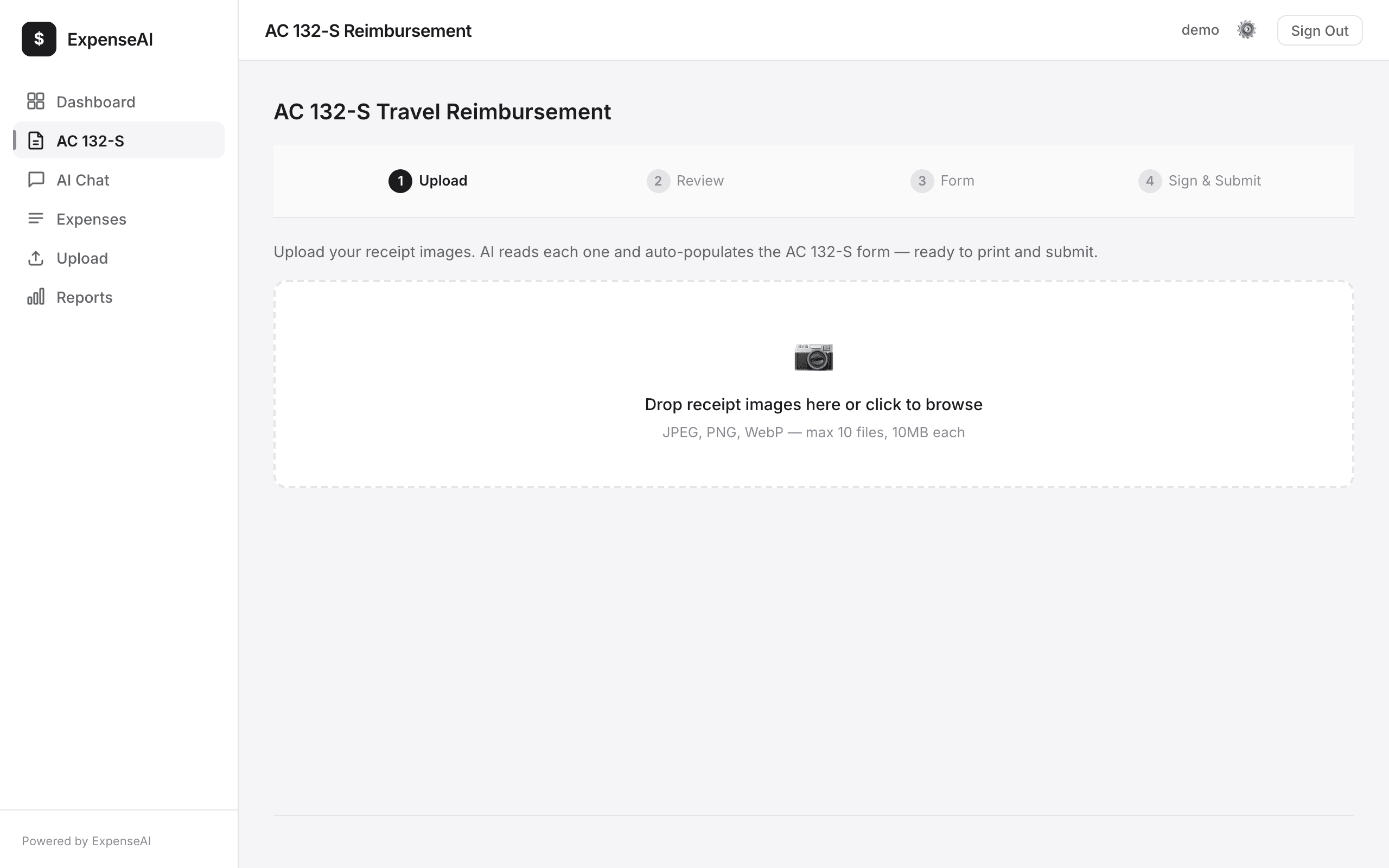 AC 132-S wizard showing the 4-step process and receipt upload zone